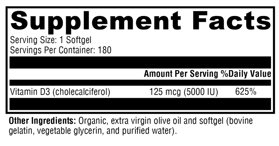 D3 5000 180 Softgels Supplement Facts