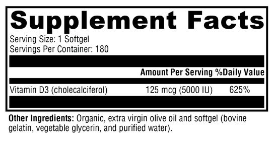 D3 5000 180 Softgels Supplement Facts