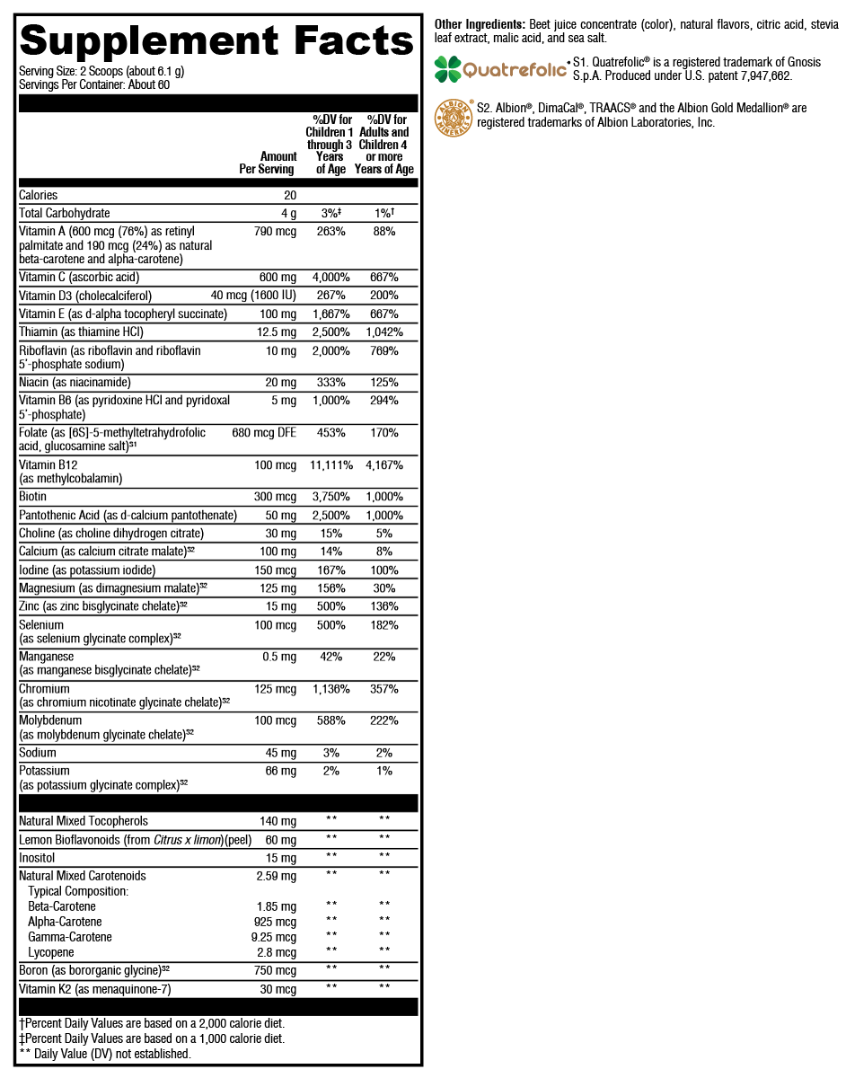 ActivNutrients® without Copper & Iron Multivitamin Powder Fruit Punch 60 Servings Supplement Facts