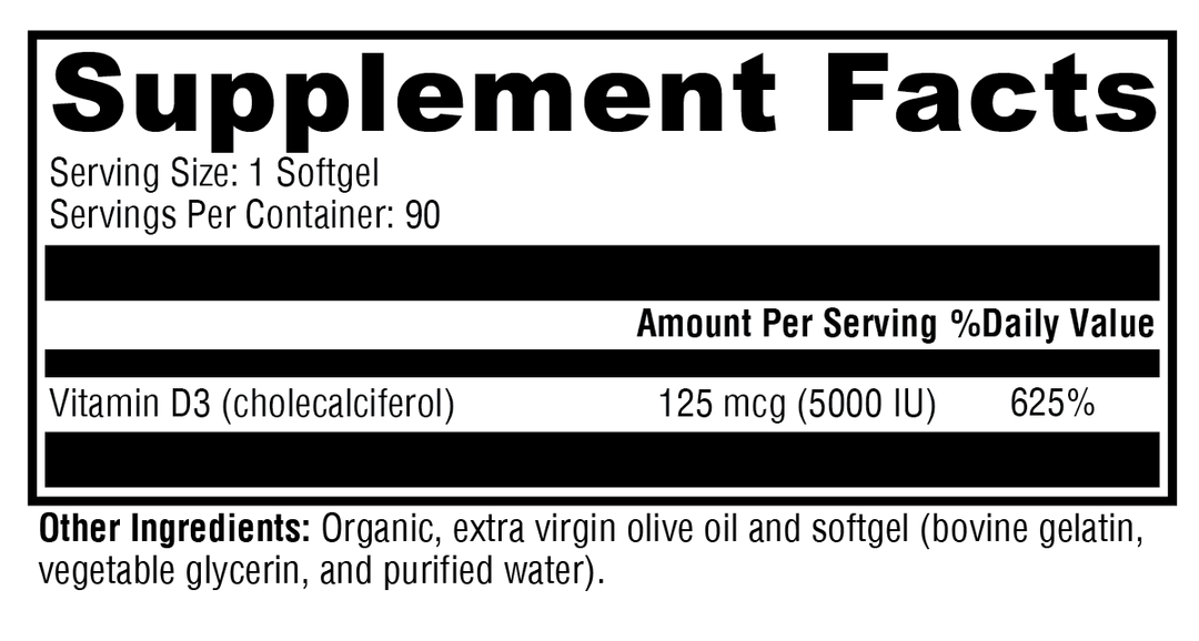 D3 5000 90 Softgels Supplement Facts