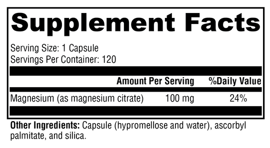 Magnesium Citrate 120 Capsules Supplement Facts