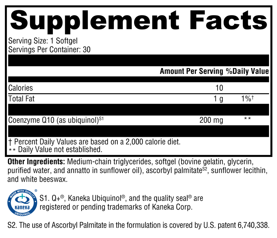 CoQmax™ Ubiquinol 200 mg 30 Softgels Supplement Facts