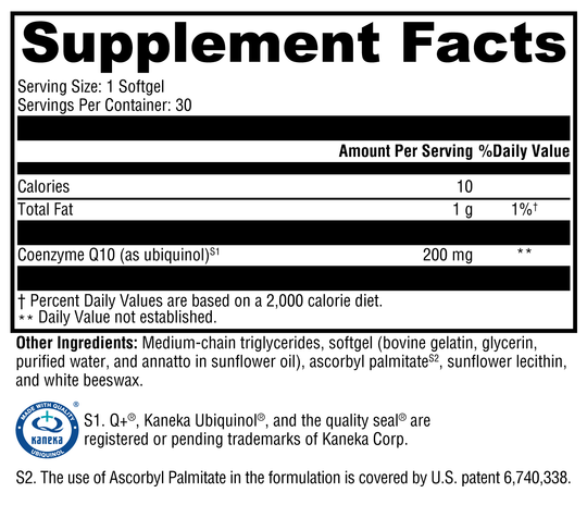 CoQmax™ Ubiquinol 200 mg 30 Softgels Supplement Facts