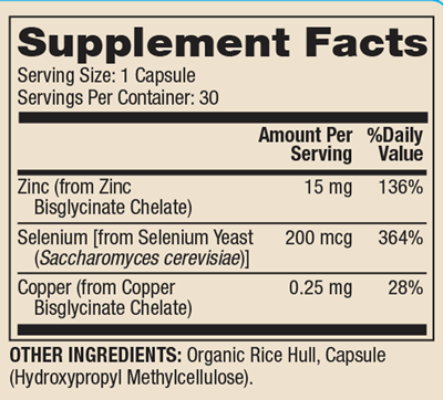 Zinc Plus Selenium 30 Capsules Supplement Facts