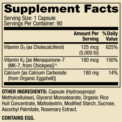 Calcium with Vitamins D3 & K2 90 Capsules Supplement Facts