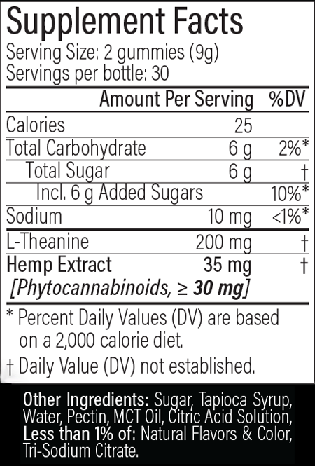 HEMP OneThirteen Relax Sour Gummies Blueberry Pomegranate 60 Gummies Supplement Facts