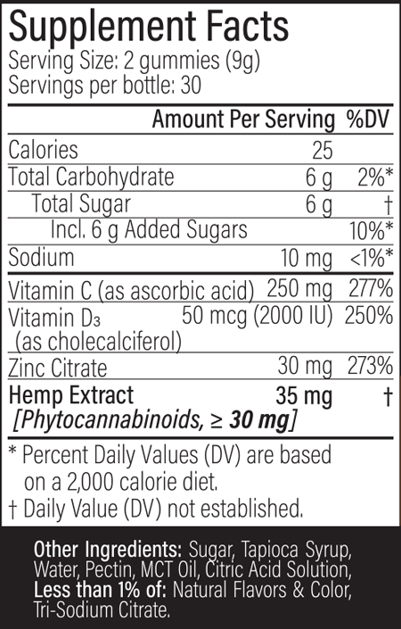 HEMP OneThirteen Immune Sour Gummies Orange Cream 60 Gummies Supplement Facts