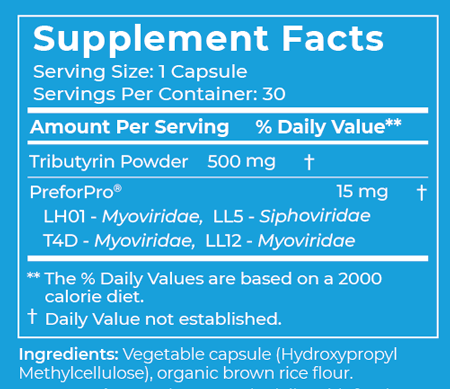 Gut + Prebiotic + Postbiotic 30 Capsules Supplement Facts