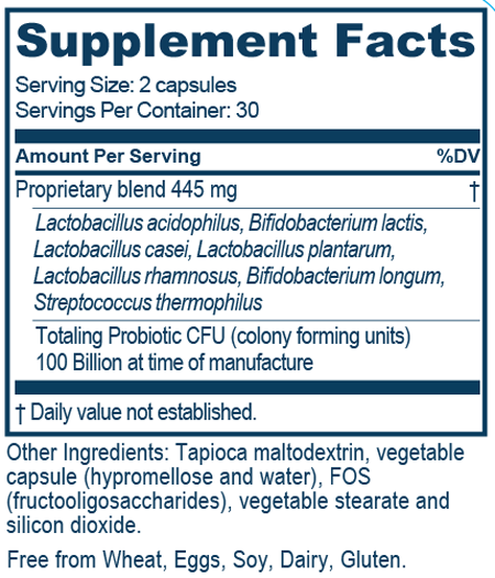 Probiotic 100B 60 Capsules Supplement Facts