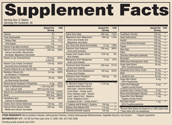 Whole-Food Complex with added multivitamin 240tabs Supplement Facts