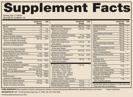 Whole-Food Complex with added multivitamin 240tabs Supplement Facts