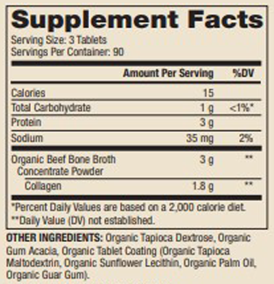 Organic Collagen from Grass Fed Beef Bone Broth 270 Tablets Supplement Facts
