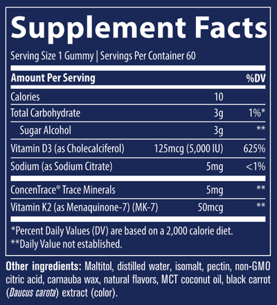 Vitamin D3+K2 Gummies Strawberry 60 Gummies Supplement Facts