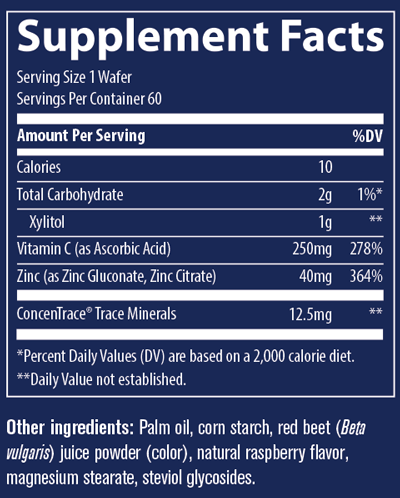 Zinc + Vitamin C Chewable Raspberry Flavor 60 Chewable Wafers Supplement Facts