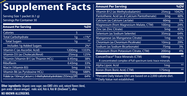 Electrolyte Stamina Power Pak Lemon Lime 30 Servings Supplement Facts