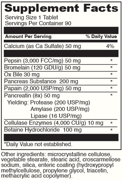 Digestive Enzymes  90 Tablets Supplement Facts