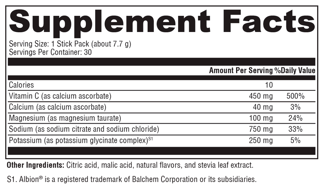Electrolyte Sticks Lemon-Lime 30 Servings Supplement Facts