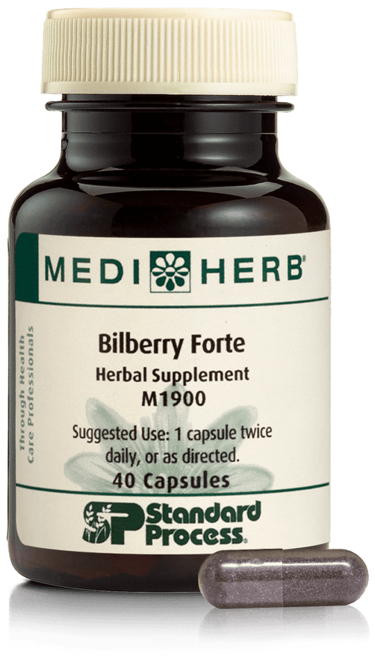 An image of herbal supplement Bilberry Forte next to a capsule.