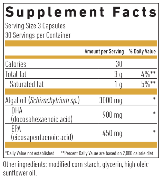 Omega 3 Vegan DHA & EPA 450 GOLD 90 Capsules Supplement Facts