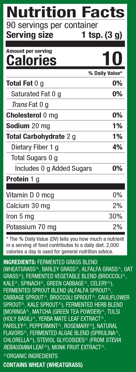 Organic Fermented Greens Powder 90 Servings Supplement Facts