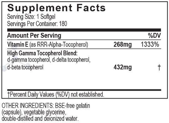 UNIQUE E High Gamma Mixed Tocopherol 180 Softgels Supplement Facts