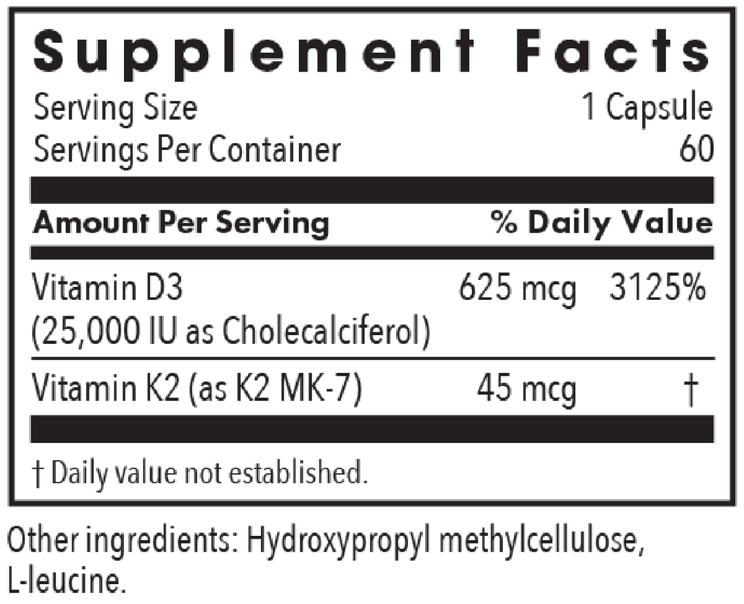 Vitamin D-3 25,000 IU 60 Capsules Supplement Facts