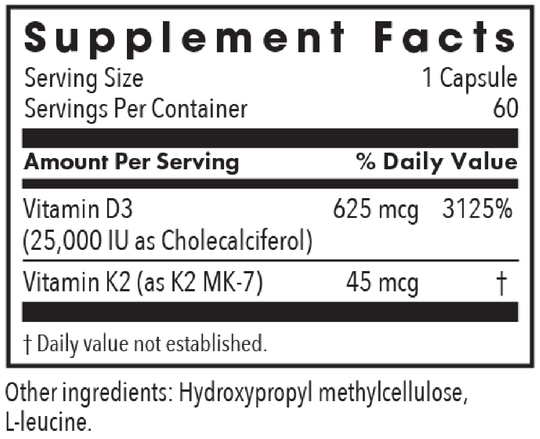 Vitamin D-3 25,000 IU 60 Capsules Supplement Facts