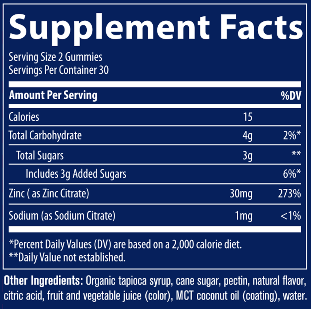 Zinc Gummies Elderberry 60 Gummies Supplement Facts