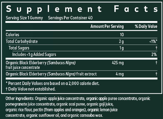 GaiaKids Black Elderberry Kids Daily Gummies 40 Gummies Supplement Facts